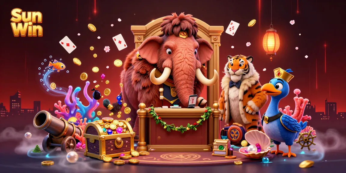 Experience the excitement of Sun Win with a vibrant 3D casino scene full of characters and treasures.