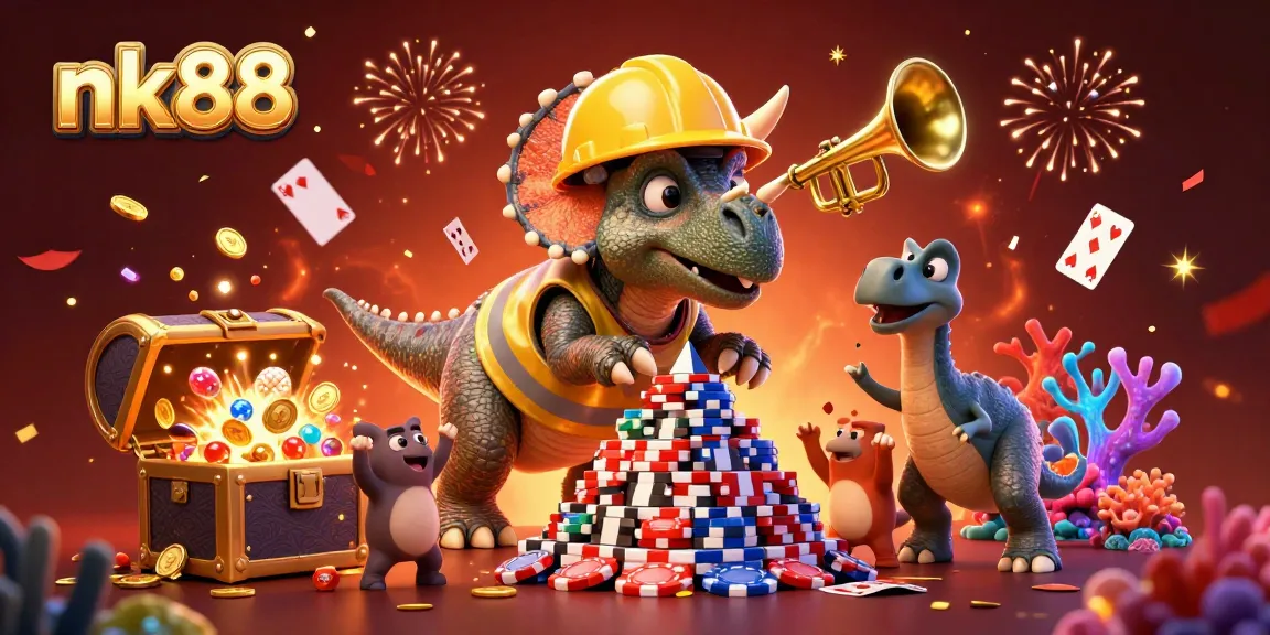 Enjoy casino action with nk88 as cartoon characters celebrate with poker chips and gold coins.