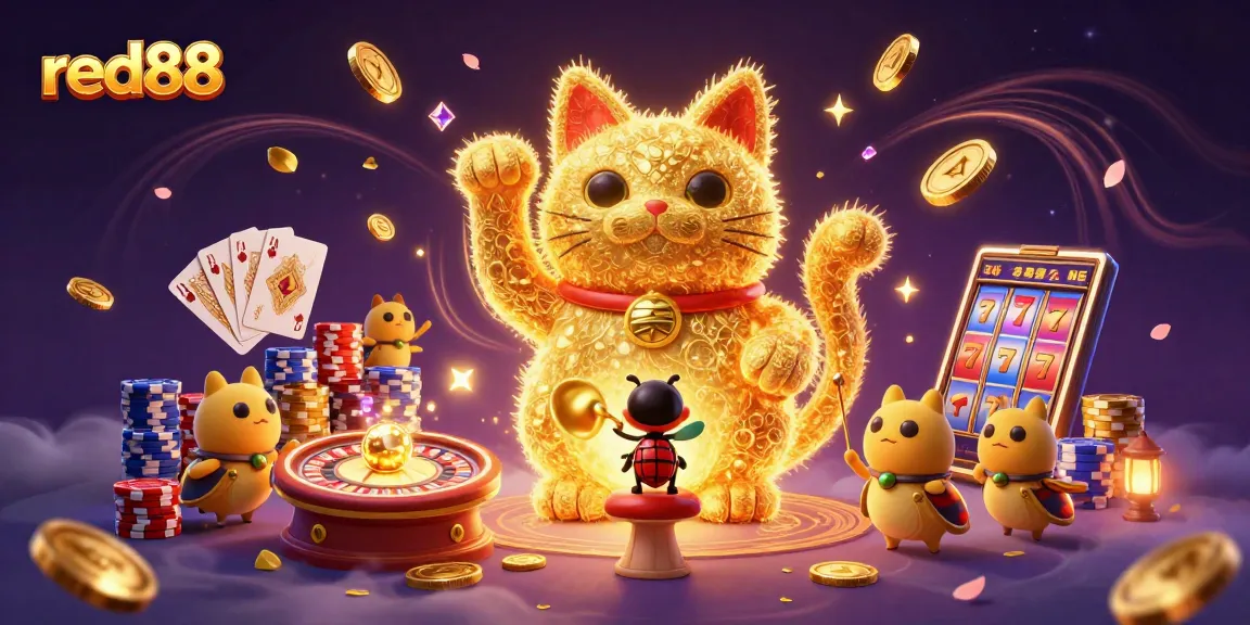 Experience vibrant gaming excitement with red88's lucky cat symbolizing winning potential.