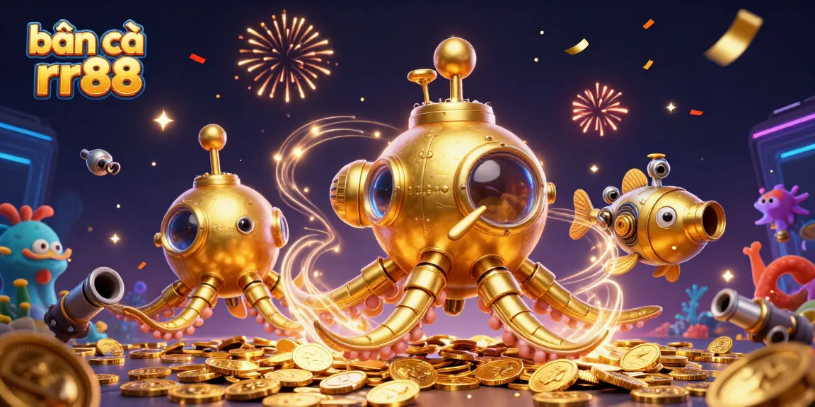 Bắn cá rr88 with a vibrant kraken submarine and mechanical fish in a sea of coins, showcasing underwater action.
