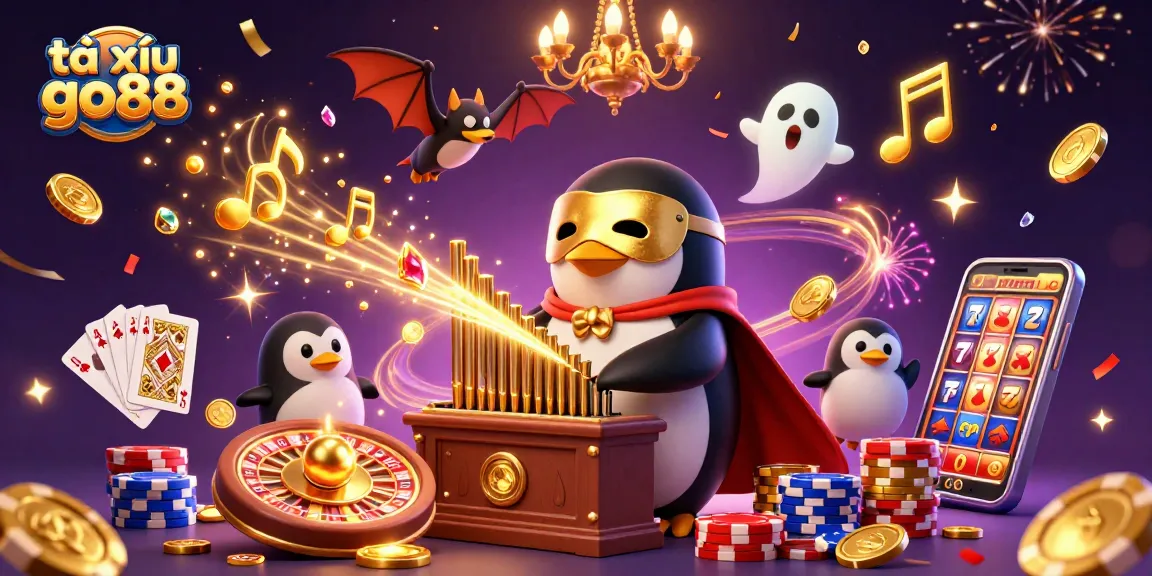 Engage with tài xỉu go88 as the animated penguin combines music and luck with a vibrant casino backdrop.