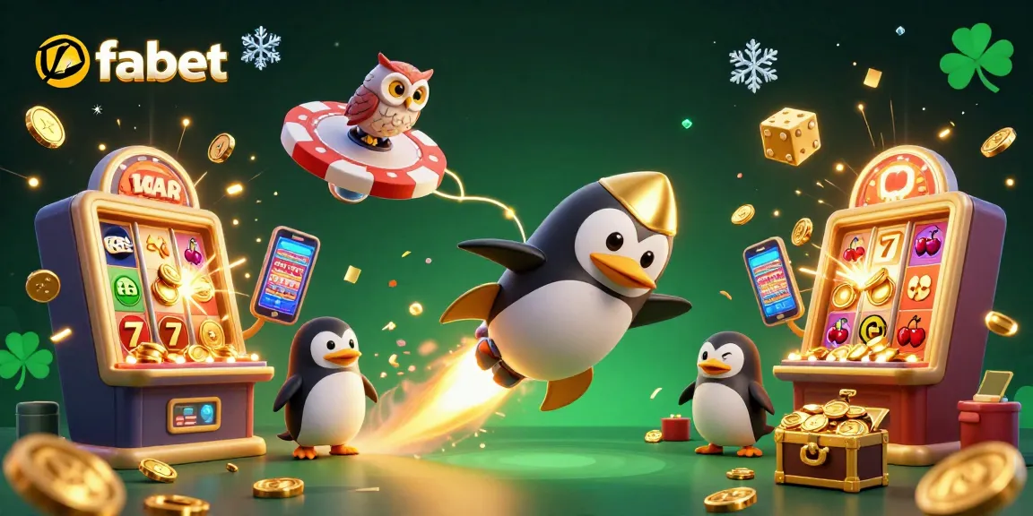 Win big with fabet's vibrant 3D casino and gambling illustration showcasing a golden penguin and epic jackpots.