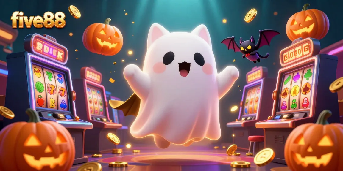 Bet big with five88 in an enchanting casino scene featuring a ghost cat and bat.