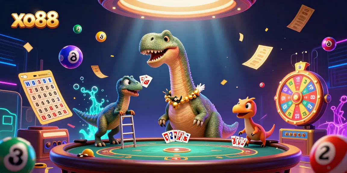 Experience thrilling action with xo88 in a vibrant 3D casino scene featuring a giant dinosaur dealer.
