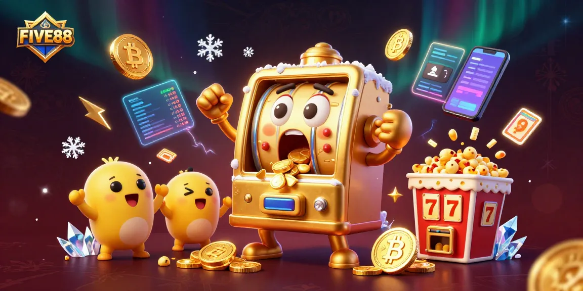 Spin and win big at FIVE88 with joyful slot machines and dazzling crypto elements in a vibrant casino scene.