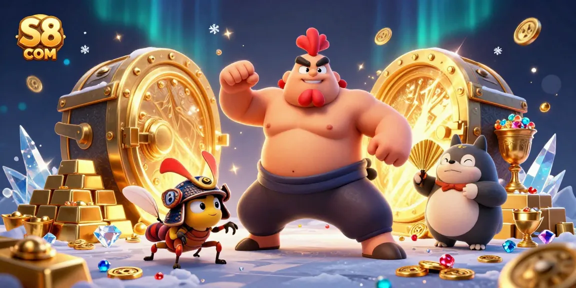 S8 COM showcases exciting casino action with dynamic characters surrounded by treasure and gems.