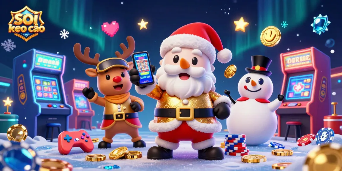 Engaging illustration featuring friendly Santa in a casino atmosphere displaying soi keo nha cái and festive gaming elements.