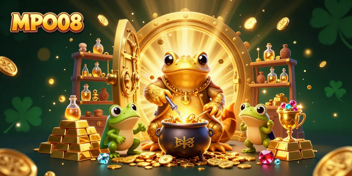MPO08 showcases a vibrant 3D illustration of an alchemist turning metals into coins in a rich casino atmosphere.