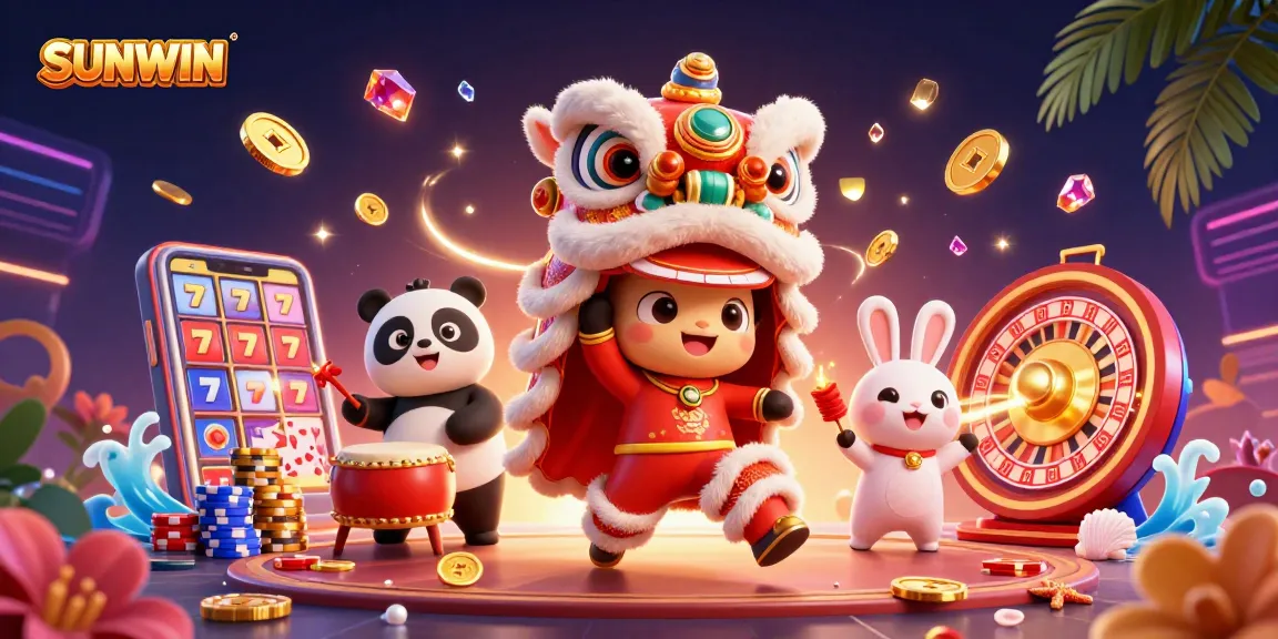 SUNWIN showcases an energetic casino scene with lion dance, drumming panda, and colorful game elements.