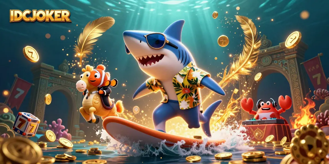 Engage in the excitement of IDCJOKER with a vibrant, underwater golden scene featuring casino characters and dynamic elements.