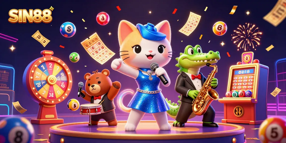 SIN88 showcases a lively jazz-themed casino scene with a colorful ensemble of characters celebrating.
