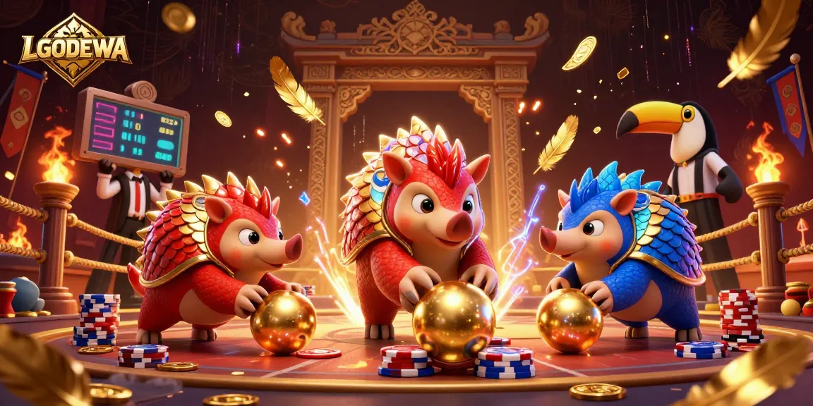 Experience thrilling gameplay with LGODEWA as rival pangolins roll through poker chips in a vibrant casino arena.