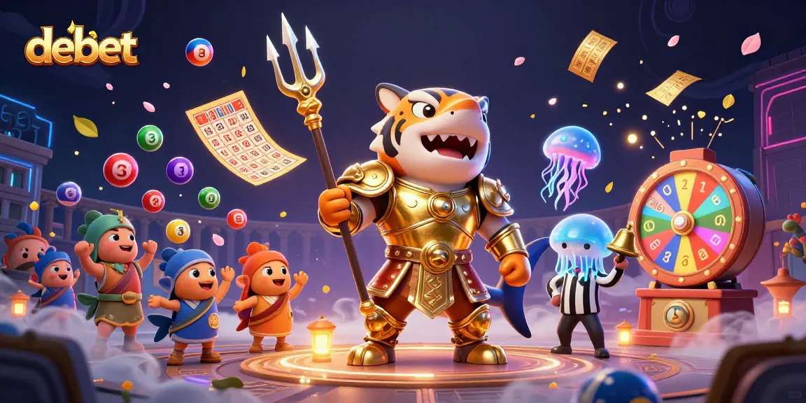 Experience debet excitement with an illustrated underwater casino featuring a tiger shark and vibrant lottery elements.