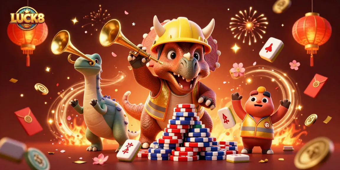 Join the fun at LUCK8 as playful dinosaurs celebrate a jackpot with poker chips and festive elements.