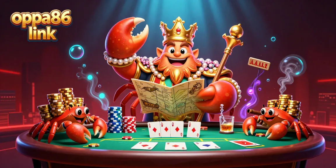Engage with the oppa86 link in a vibrant casino scene featuring a golden crab emperor and poker elements.