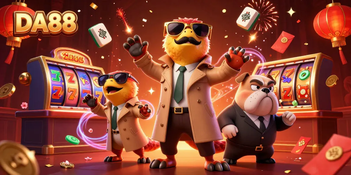 Experience thrilling gameplay at DA88 with cartoon raptors sneaking into a VIP casino lounge.