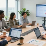 Business professionals discussing business mobile contracts UK in a modern office environment.