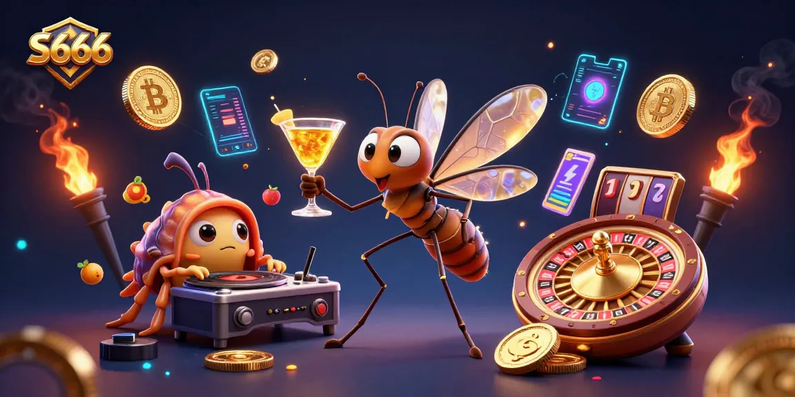 S666 casino illustration featuring a frozen mosquito mascot, trilobite DJ, and golden roulette wheel amidst vibrant gaming elements.