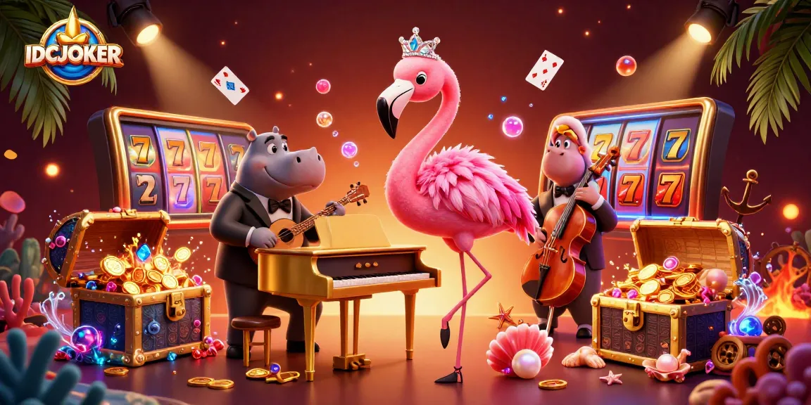 IDCJOKER engages players with vibrant illustrations of a flamingo singer and hippo bassist in a lively casino setting.