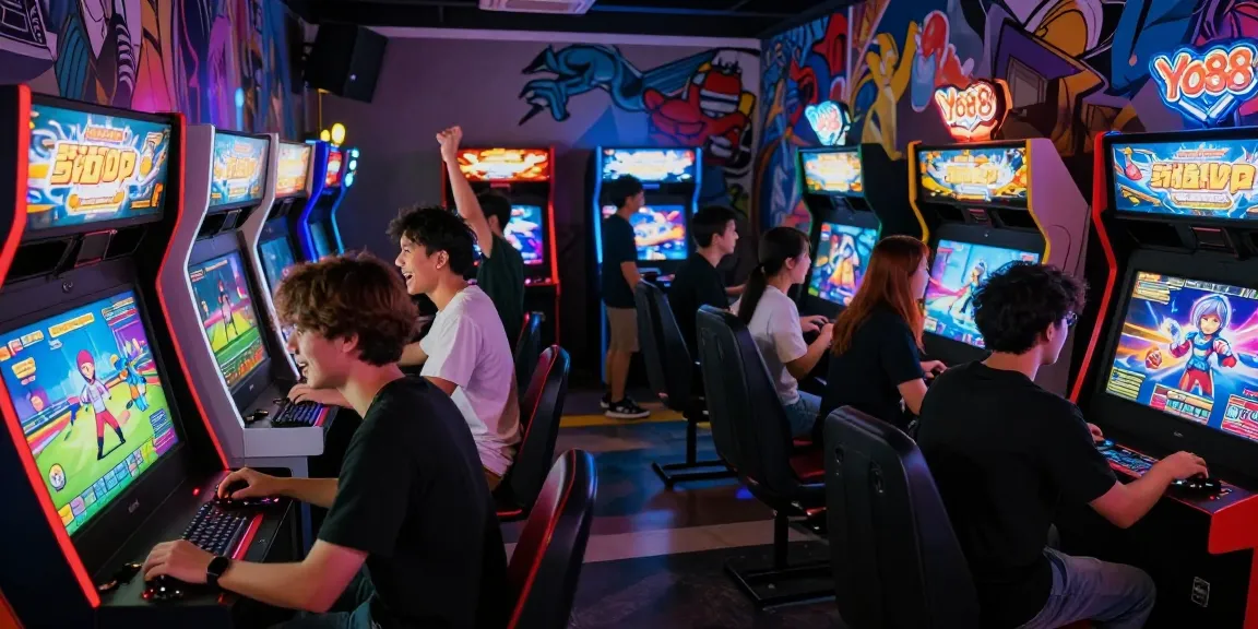 Friends enjoying immersive gaming experiences at Yo88 arcade, showcasing vibrant games and community.