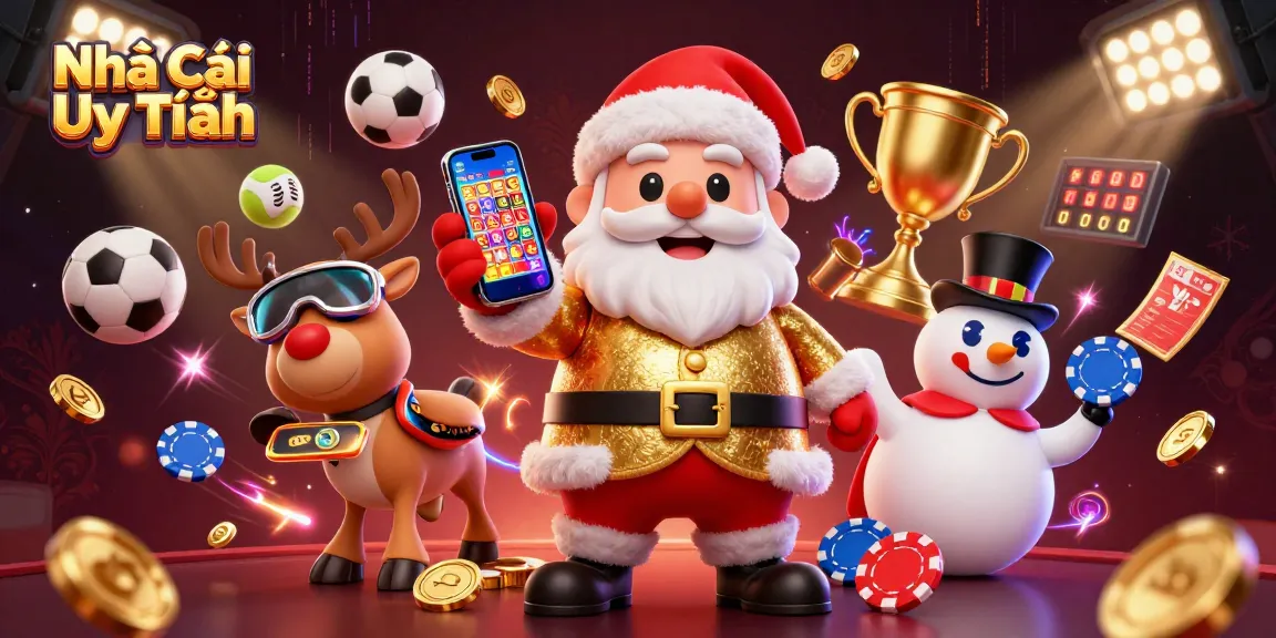 Experience excitement and wins with Nhà Cái Uy Tín in a vibrant casino scene with characters and sports elements.
