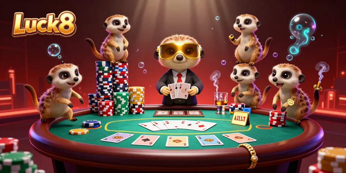 Luck8 casino adventure with meerkats managing poker tables and chips in a vibrant scene.