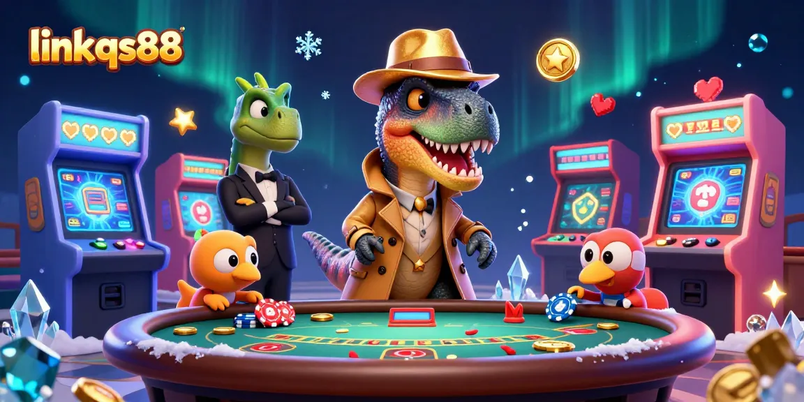 Experience gambling excitement with link qs88 in this vibrant 3D illustration showcasing unique characters at a casino.