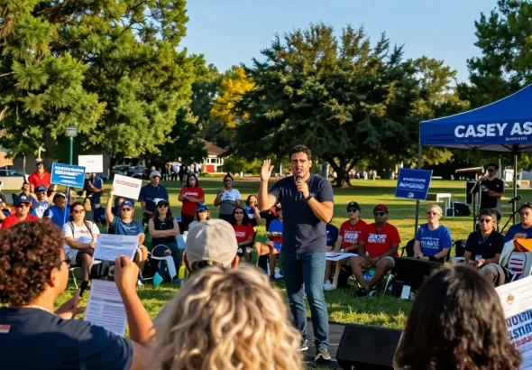 Casey Askar energizing supporters at a vibrant campaign rally, showcasing community engagement and a hopeful atmosphere.