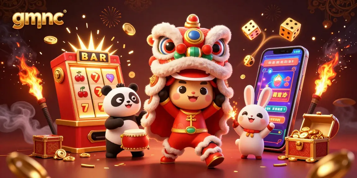 Engaging gmnc scene with a lion dance, drumming panda, and slot machine bursting with coins.
