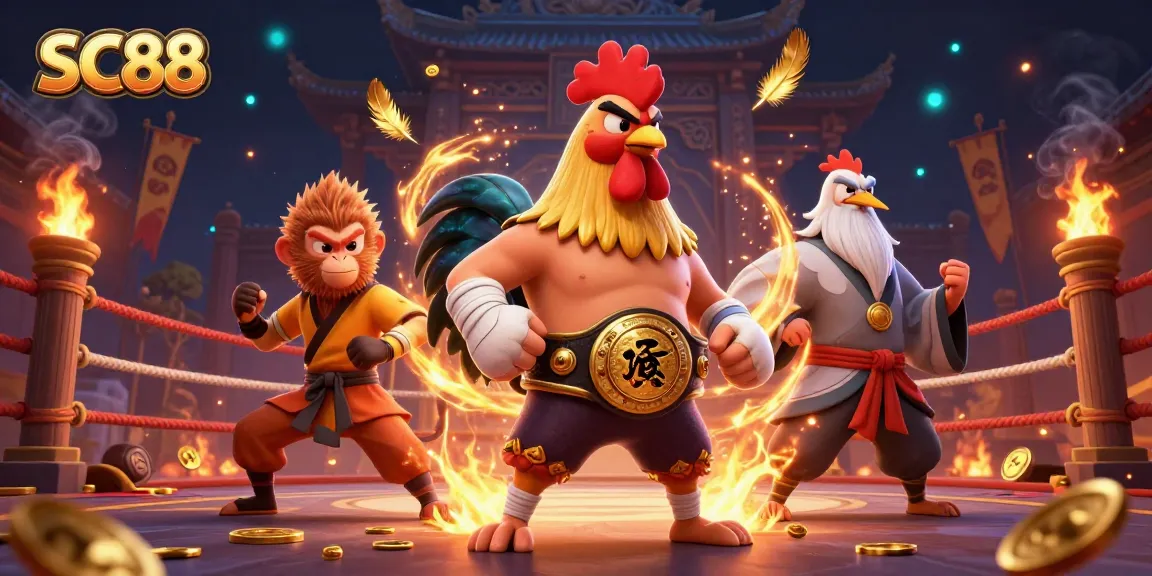 Experience thrilling action with SC88's Muay Thai rooster and martial artists in this vibrant casino scene.