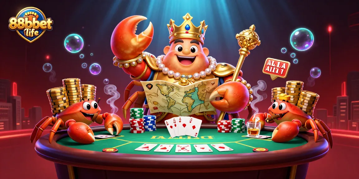 Bet at 88bbet life with the golden crab emperor presiding over a vibrant casino scene.
