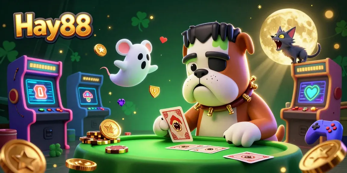 Experience Hay88 with Frankenstein bulldog dealing cards amidst glowing casino machines and magical creatures.