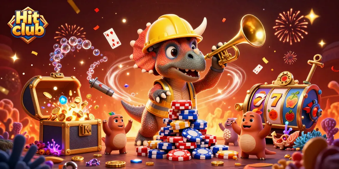 Celebrate the Hit club with a dazzling 3D illustration featuring a triceratops and casino games.