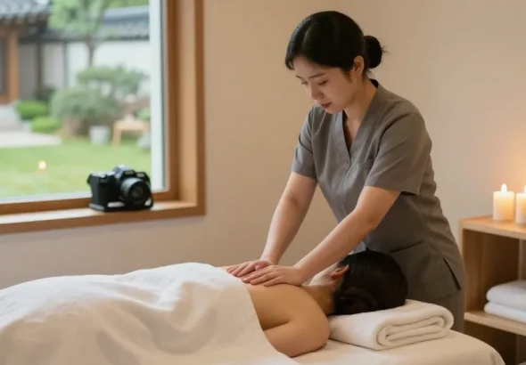 Tranquil massage scene showcasing 수원출장마사지 in a soothing spa environment with calming decor.