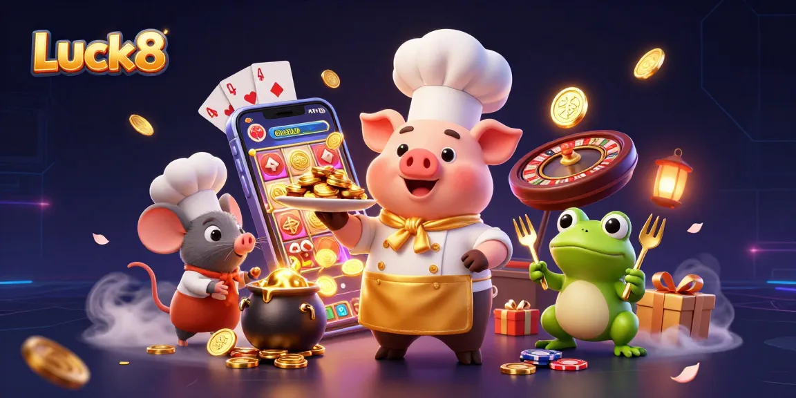 Luck8 showcases a 3D chef pig serving gold coins amidst thrilling casino action.