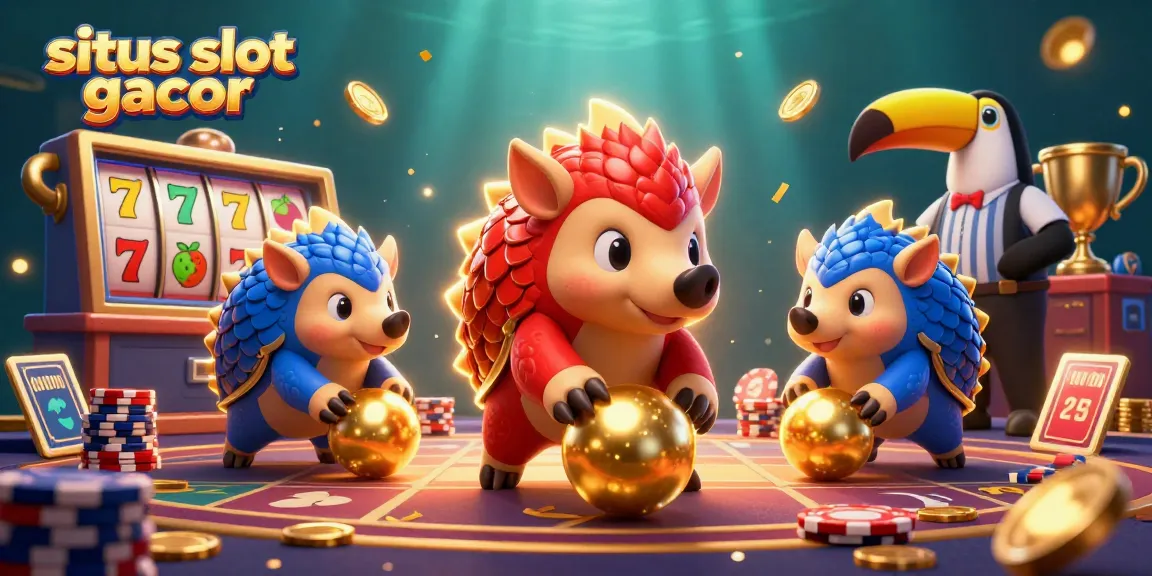 Situs slot gacor scene featuring rival pangolins rolling golden balls and poker chips in a vibrant casino