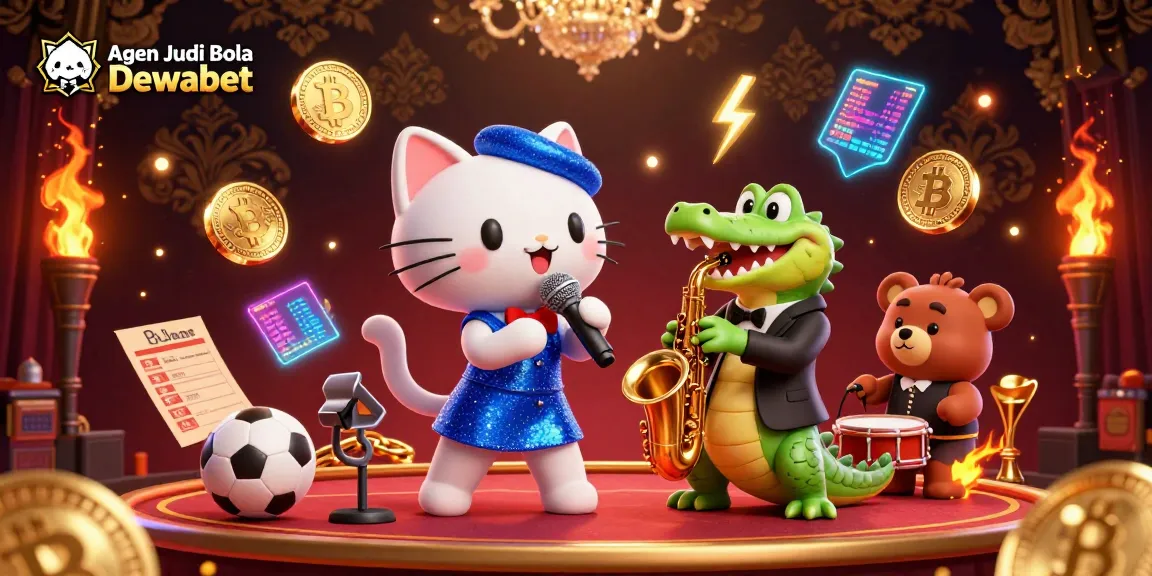 Agen Judi Bola Dewabet adds excitement with a lively 3D cartoon scene featuring a singing cat, a soloing crocodile, and a drum-playing bear amidst dynamic sports betting elements.
