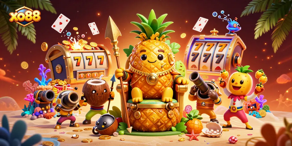 Engage in thrilling gameplay with xo88's vibrant 3D casino scene of a golden pineapple king.