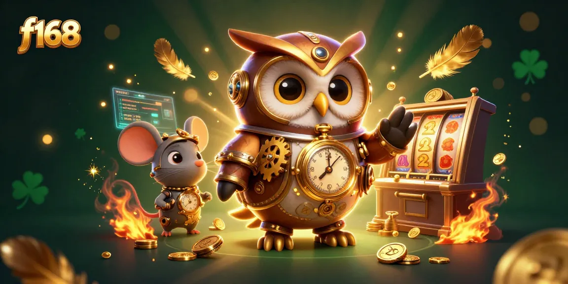 Experience thrilling gameplay and wins at f168 with a vibrant casino scene featuring a steampunk owl and clockwork mouse.