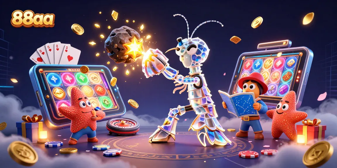 Experience the thrill of gaming at 88aa with a vibrant 3D illustration featuring exciting slot games and treasures.