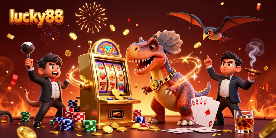 Catch golden coins in a vibrant lucky88 gambling scene with animated characters and slot symbols.