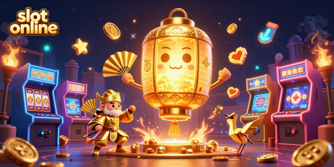 Experience the thrill of slot online with dynamic illustrations of vibrant casino elements and lucky symbols.