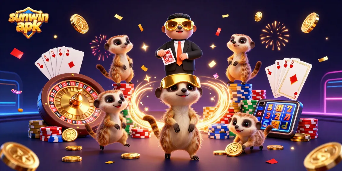 Experience the thrilling sunwin apk casino with meerkats in action, surrounded by vibrant elements.