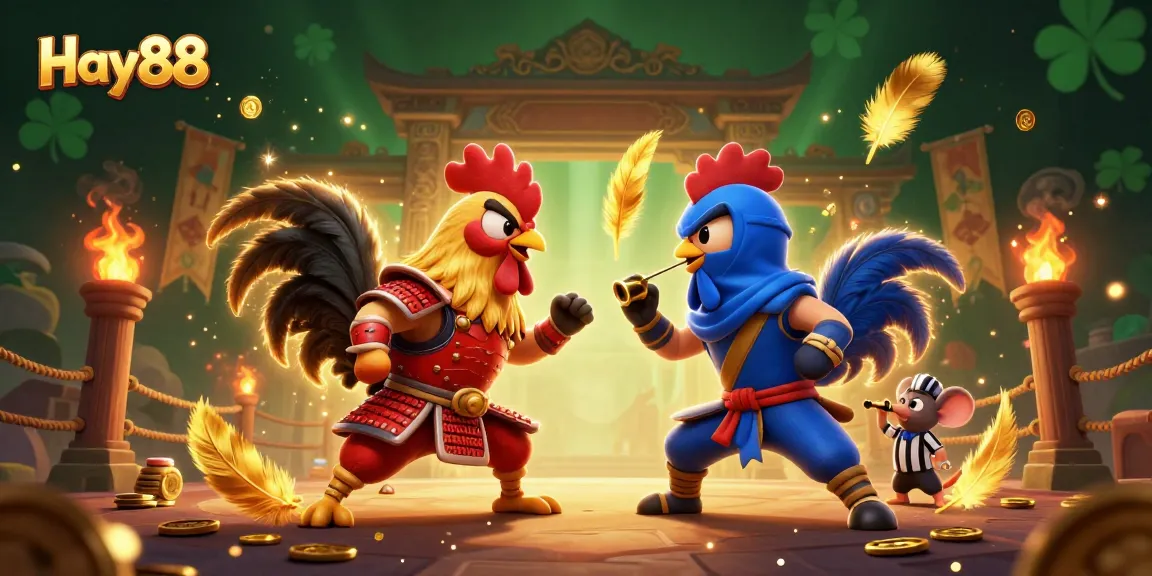 Engage with Hay88's thrilling gaming experience featuring a dramatic standoff between 3D fighting roosters.