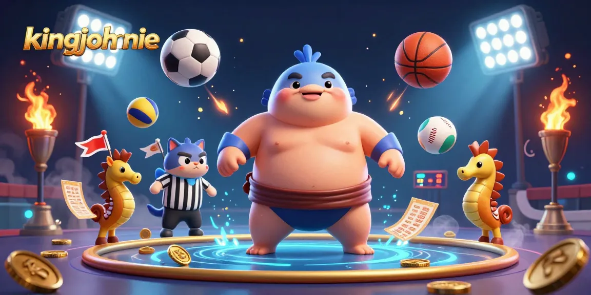 Bet on kingjohnnie with this vibrant 3D underwater casino scene featuring cartoon characters and sports elements.