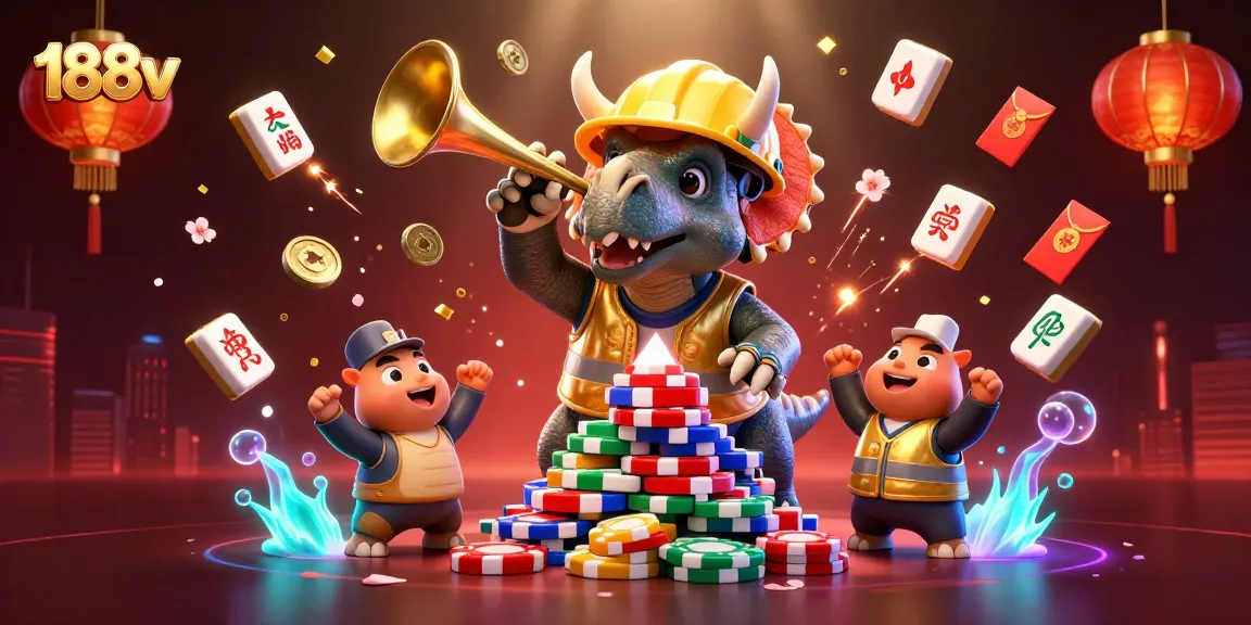 188v players celebrate big wins with a triceratops and a parasaurolophus in a vibrant casino setting.