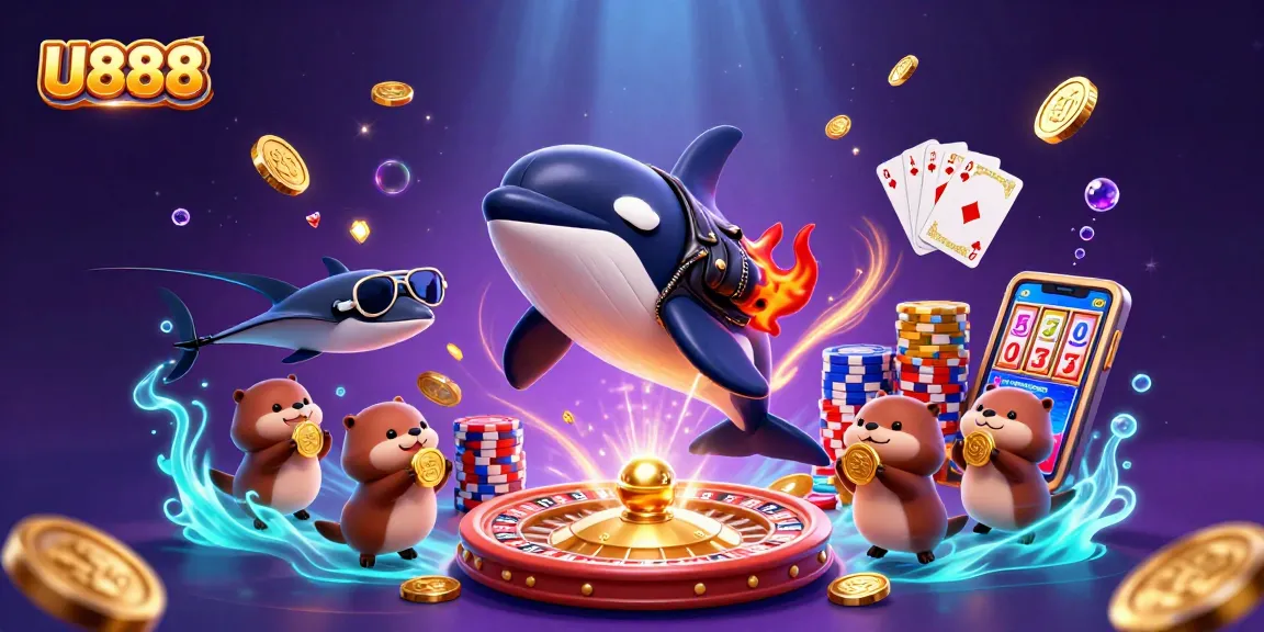 Experience the thrill of U888 with orca in a leather jacket and otters holding coins amidst dazzling casino imagery.