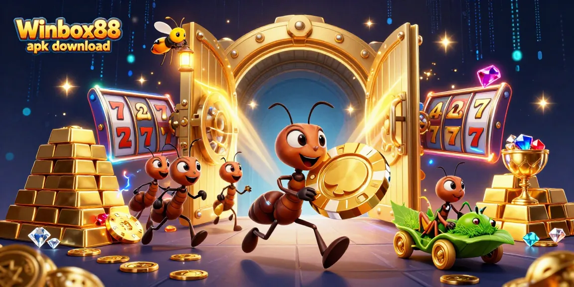 Experience the fun of Winbox88 apk download with a vibrant heist scene featuring lively ant characters.