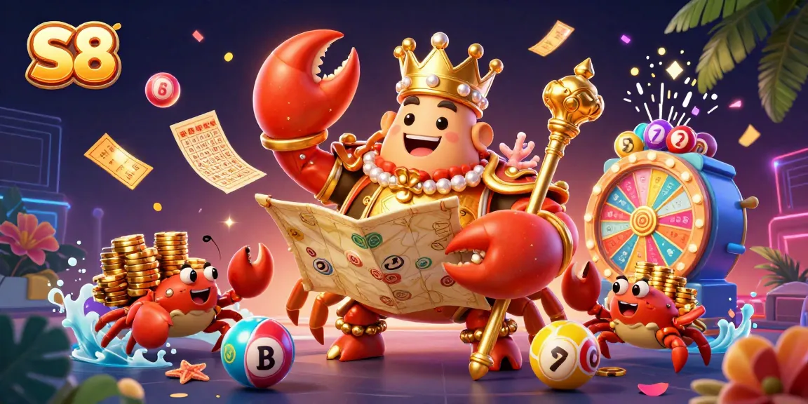S8 players engaging with a vibrant casino scene, featuring a massive golden crab emperor amidst lottery balls and dynamic game elements.