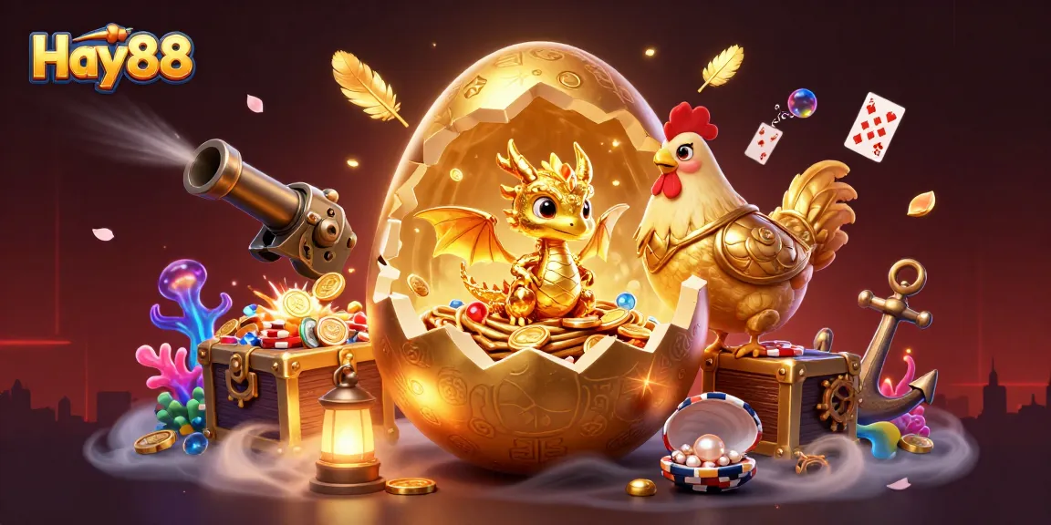 Experience exciting gaming with Hay88 as a golden dragon emerges from poker chips amidst vibrant casino elements.